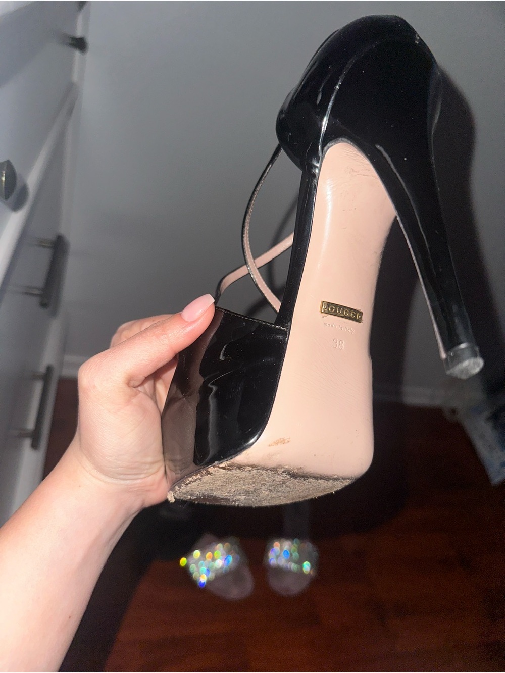 Gucci Black Patent Peep-Toe Platform Heels with Crisscross Strap - Picture 9 of 9
